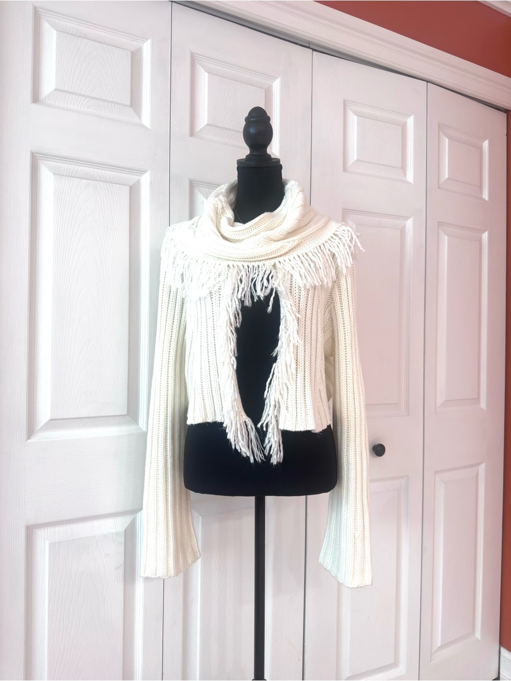 Miss Me Cream Cable Knit Cowl Neck Fringe Bell Sleeve Sweater - Picture 6 of 11